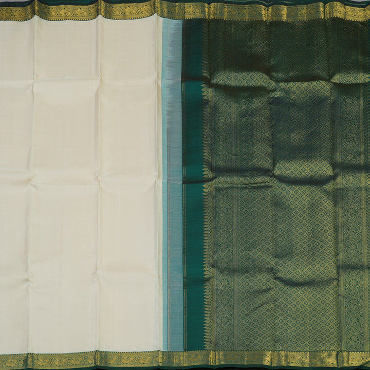 Hayagrivas Handloom Half-White Kanjivaram Silk Saree with Peacock Green Border KBE1795K2-1