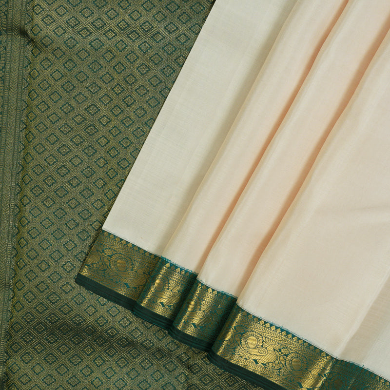 Hayagrivas Handloom Half-White Kanjivaram Silk Saree with Peacock Green Border KBE1795K2-1