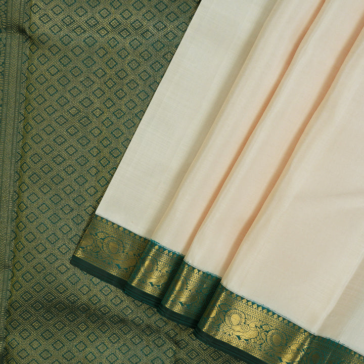 Hayagrivas Handloom Half-White Kanjivaram Silk Saree with Peacock Green Border KBE1795K2-1