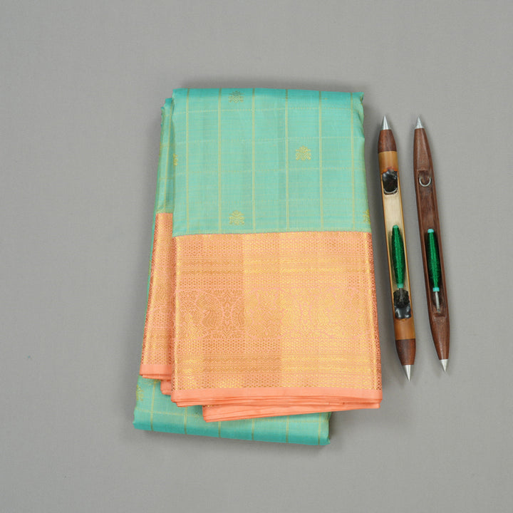 Hayagrivas Sea Blue Handloom Kanjivaram Silk Saree with Peach Pink Border KBE17D2-1