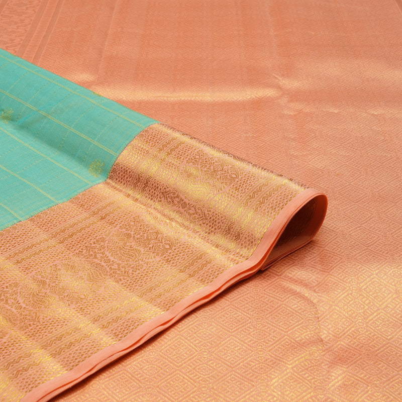 Hayagrivas Sea Blue Handloom Kanjivaram Silk Saree with Peach Pink Border KBE17D2-1