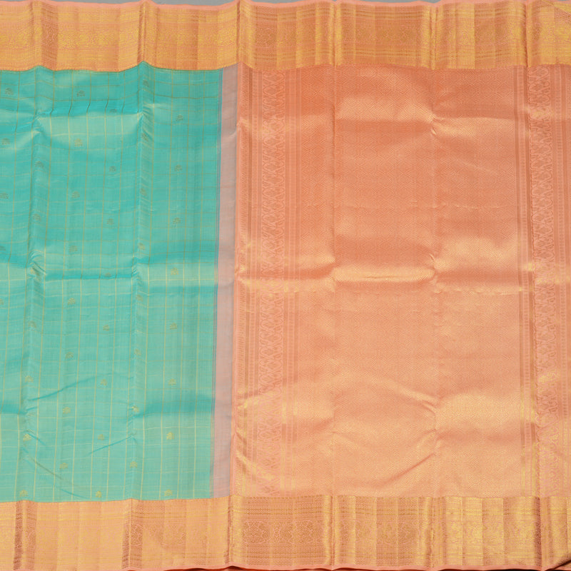 Hayagrivas Sea Blue Handloom Kanjivaram Silk Saree with Peach Pink Border KBE17D2-1