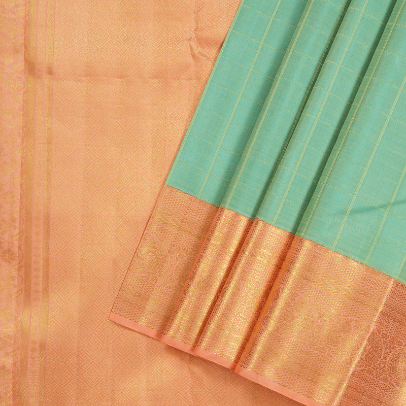 Hayagrivas Sea Blue Handloom Kanjivaram Silk Saree with Peach Pink Border KBE17D2-1