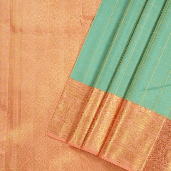 Hayagrivas Sea Blue Handloom Kanjivaram Silk Saree with Peach Pink Border KBE17D2-1