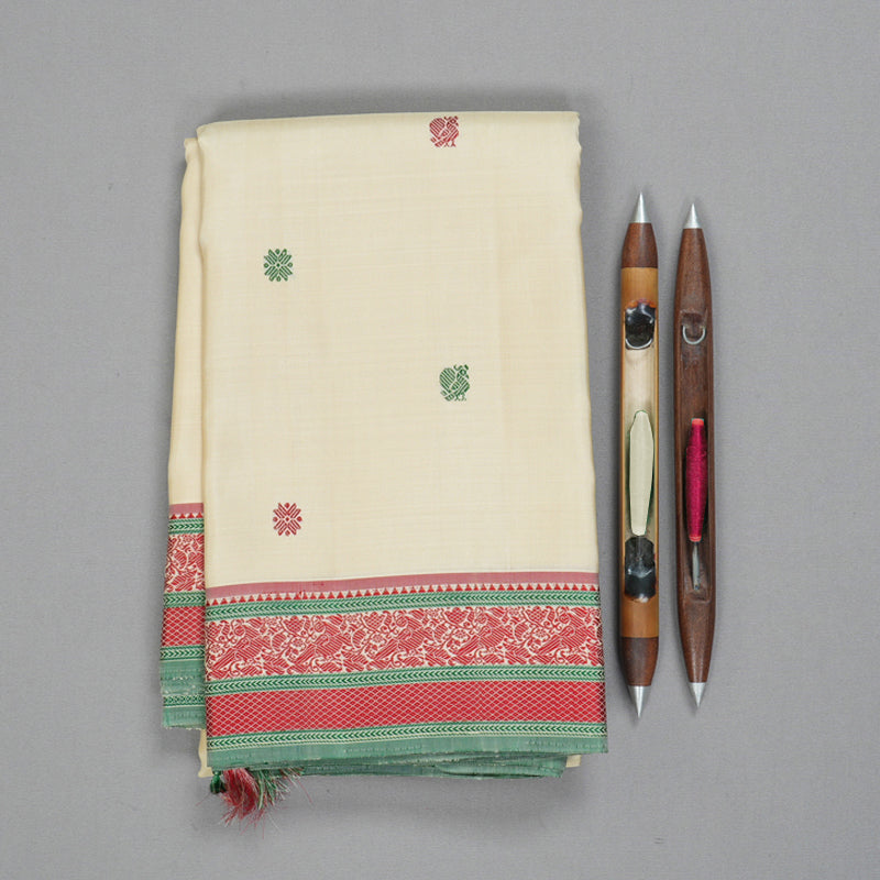 Hayagrivas Handloom Ivory Kanjivaram Silk Saree with Red Border KBE1805L1-1