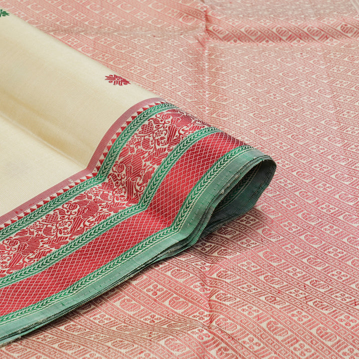 Hayagrivas Handloom Ivory Kanjivaram Silk Saree with Red Border KBE1805L1-1