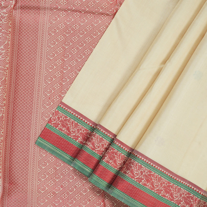 Hayagrivas Handloom Ivory Kanjivaram Silk Saree with Red Border KBE1805L1-1