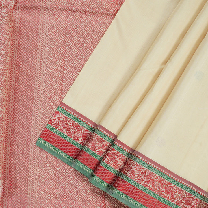 Hayagrivas Handloom Ivory Kanjivaram Silk Saree with Red Border KBE1805L1-1