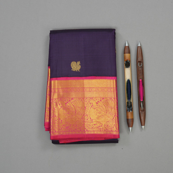 Hayagrivas Handloom Deep Purplish Blue Kanjivaram Silk Saree with Rani Pink border KBE1808L2-1