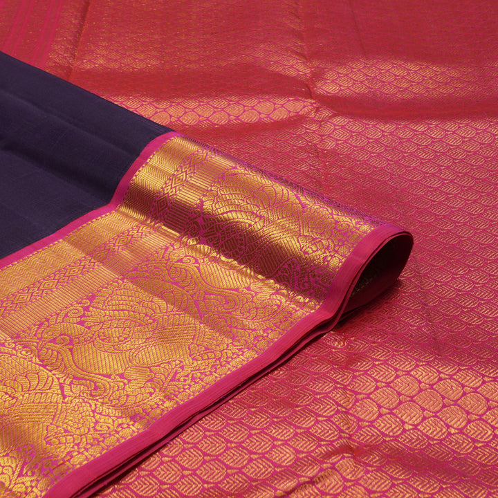 Hayagrivas Handloom Deep Purplish Blue Kanjivaram Silk Saree with Rani Pink border KBE1808L2-1