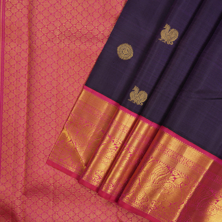 Hayagrivas Handloom Deep Purplish Blue Kanjivaram Silk Saree with Rani Pink border KBE1808L2-1