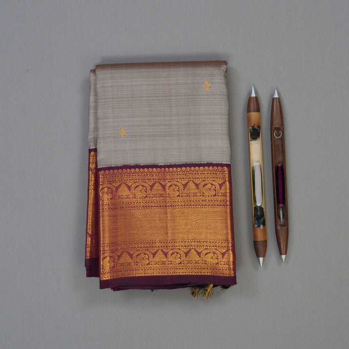 Hayagrivas Handloom Royal Beige Kanjivaram Silk Saree with Wine Purple Border KBE1809L3-2