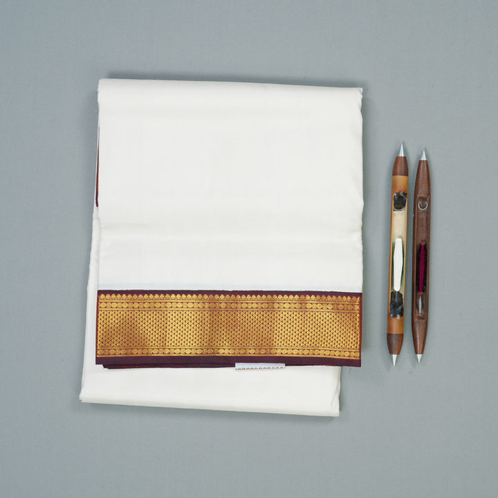 Hayagrivas Handloom Milk-White Ten Yards Silk Saree with Wine Maroon Border KBE1813L1-1
