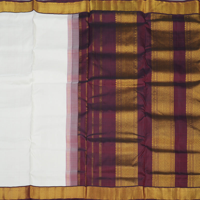 Hayagrivas Handloom Milk-White Ten Yards Silk Saree with Wine Maroon Border KBE1813L1-1