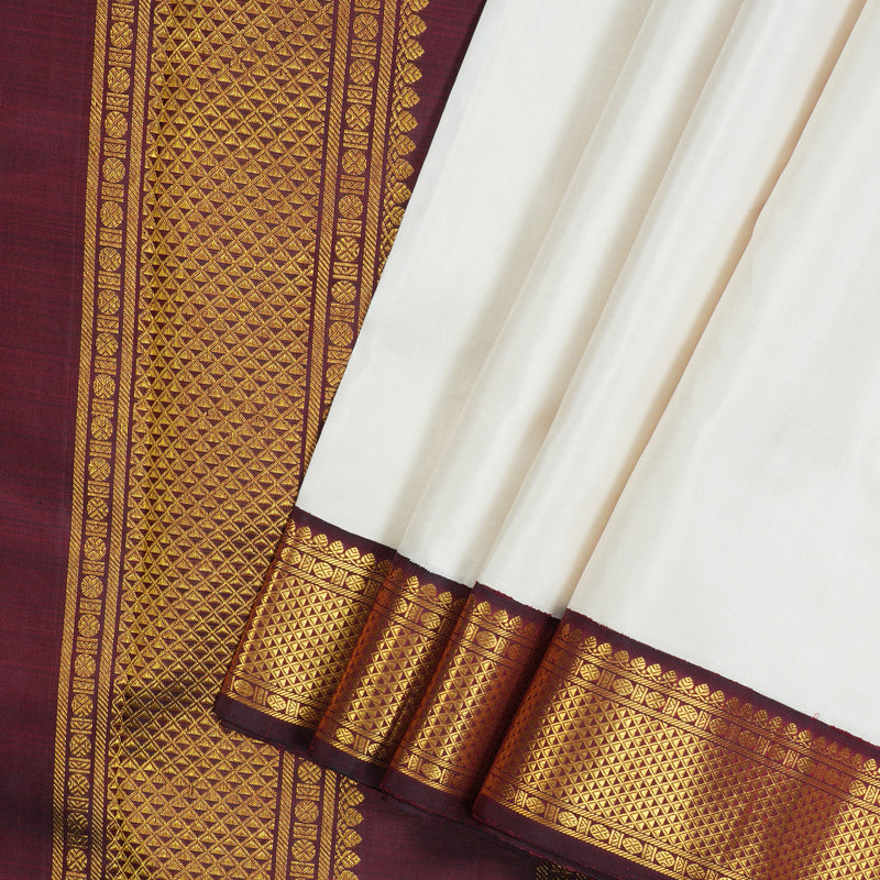 Hayagrivas Handloom Milk-White Ten Yards Silk Saree with Wine Maroon Border KBE1813L1-1