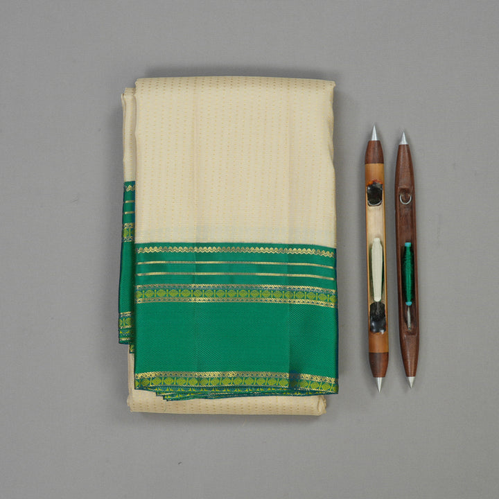 Hayagrivas Handloom Beige Kanjivaram Silk Saree Peacock Green border KBE1816L2-1