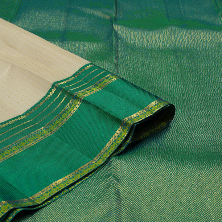 Hayagrivas Handloom Beige Kanjivaram Silk Saree Peacock Green border KBE1816L2-1