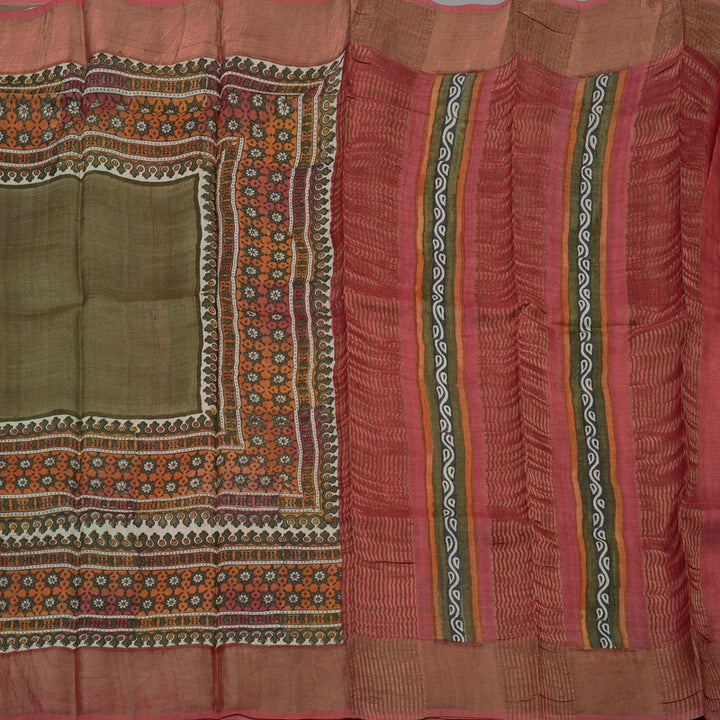 Hayagrivas Dry Mehandi Green Pure Tussar Silk Saree KBE1820L1-1