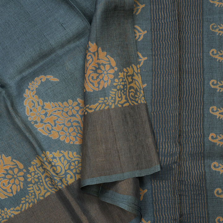 Hayagrivas Bluish Grey Pure Tussar Silk Saree KBE1820L1-13