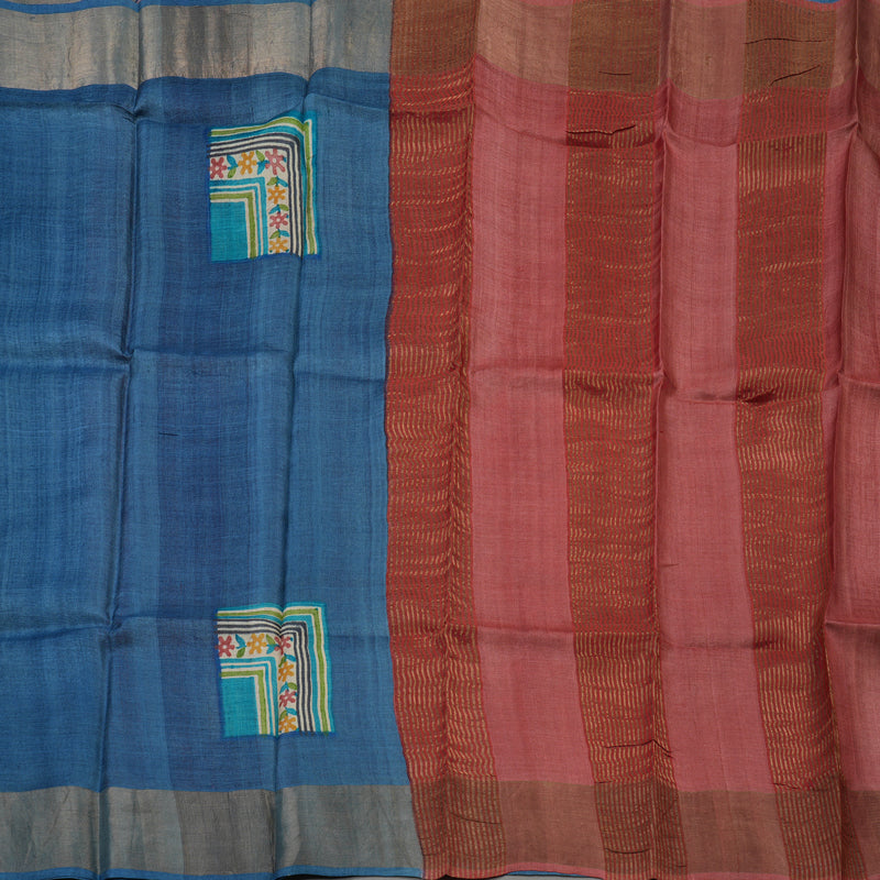 Hayagrivas Bluish Grey Pure Tussar Silk Saree KBE1820L1-5
