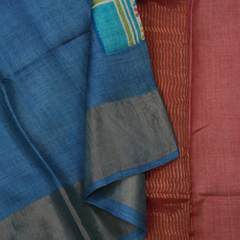 Hayagrivas Bluish Grey Pure Tussar Silk Saree KBE1820L1-5