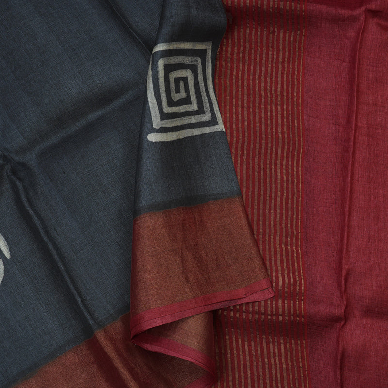 Hayagrivas Deep Grey Pure Tussar Silk Saree KBE1820L1-7