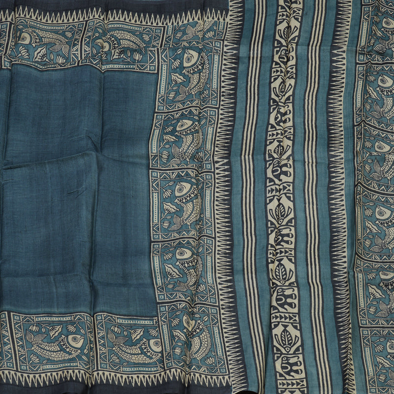 Hayagrivas Bluish Grey Pure Tussar Silk Saree KBE1820L2-1