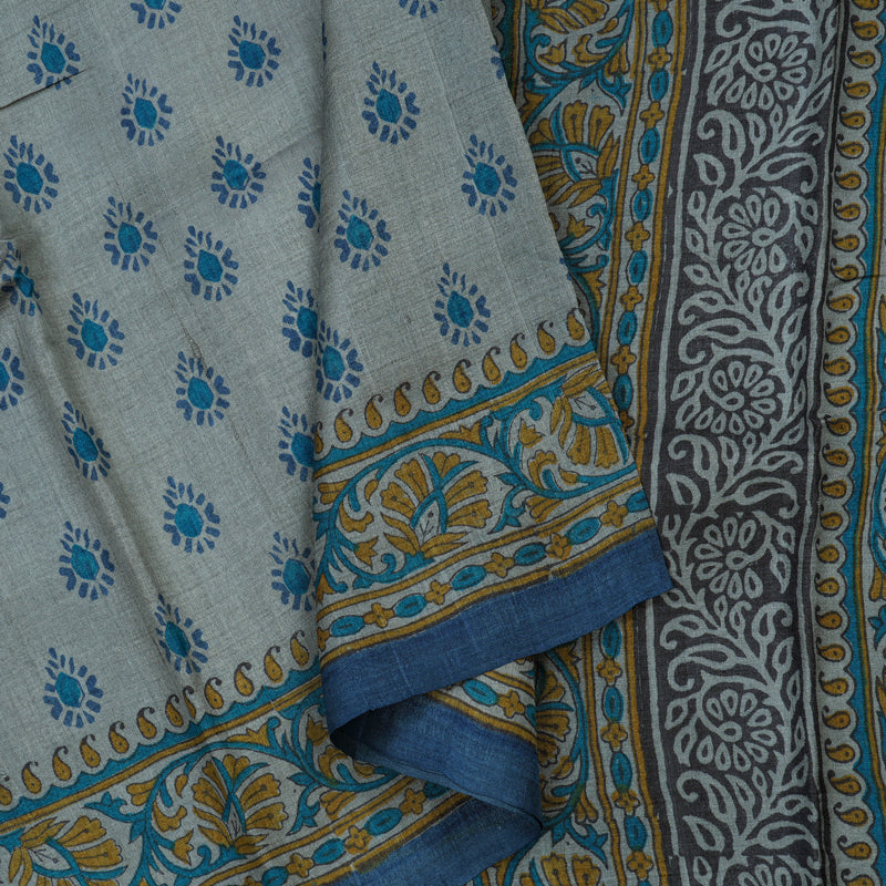 Hayagrivas Bluish Grey Pure Tussar Silk Saree KBE1820L2-2