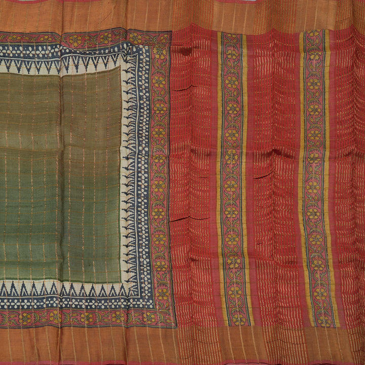Hayagrivas Elaichi Green Pure Tussar Silk Saree KBE1820L3-1