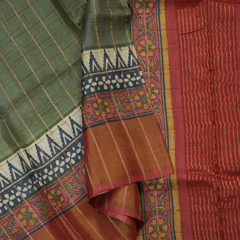 Hayagrivas Elaichi Green Pure Tussar Silk Saree KBE1820L3-1