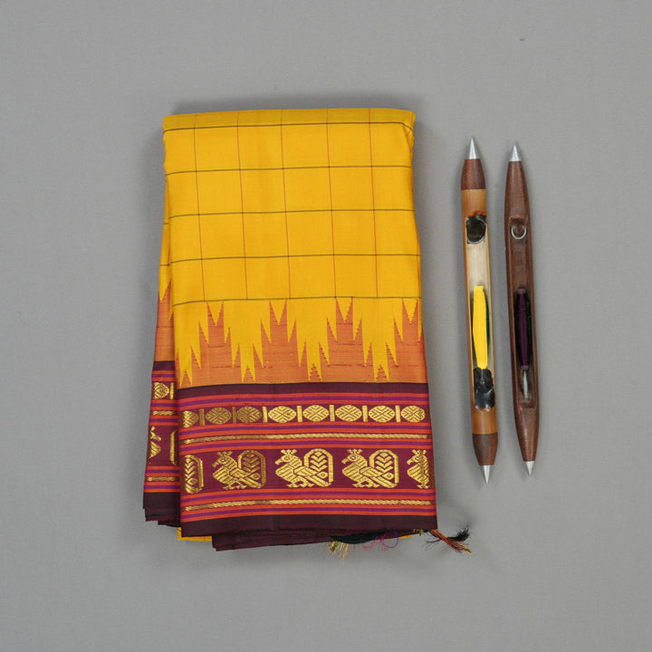 Hayagrivas Handloom Yellow Kanjivaram Silk Saree with Deep Wine border KBE1823L11-1