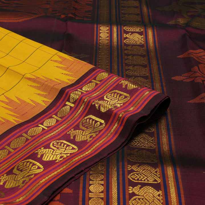 Hayagrivas Handloom Yellow Kanjivaram Silk Saree with Deep Wine border KBE1823L11-1