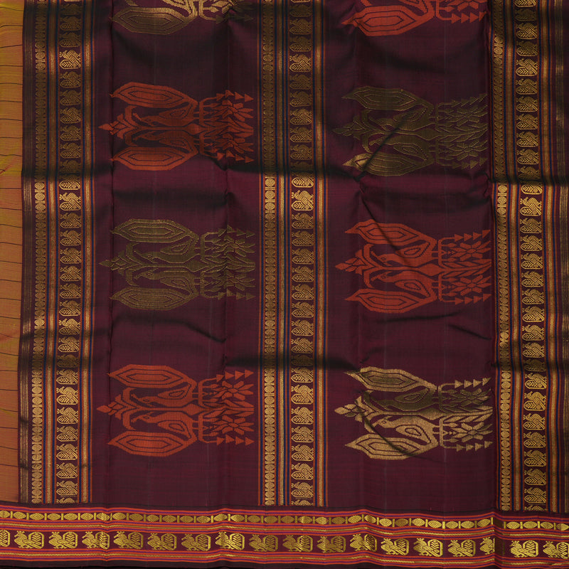 Hayagrivas Handloom Yellow Kanjivaram Silk Saree with Deep Wine border KBE1823L11-1