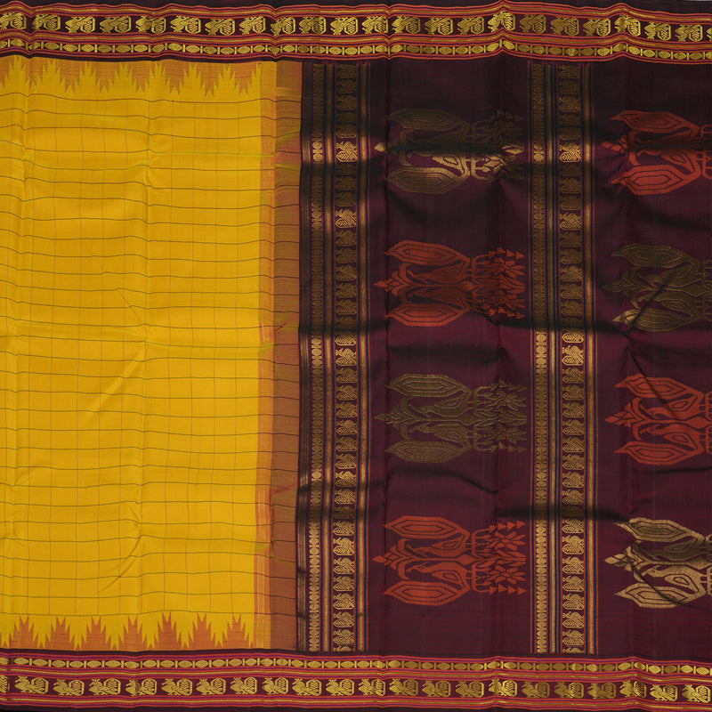 Hayagrivas Handloom Yellow Kanjivaram Silk Saree with Deep Wine border KBE1823L11-1