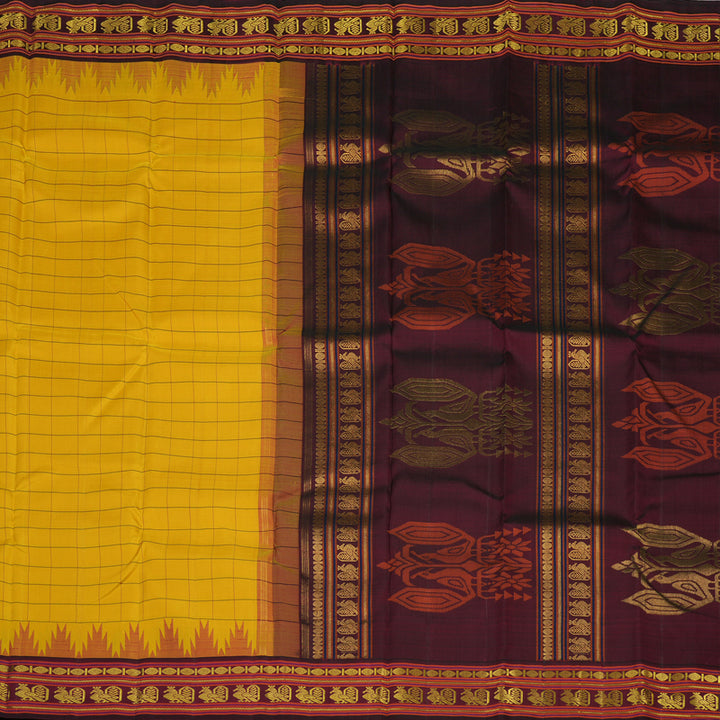 Hayagrivas Handloom Yellow Kanjivaram Silk Saree with Deep Wine border KBE1823L11-1
