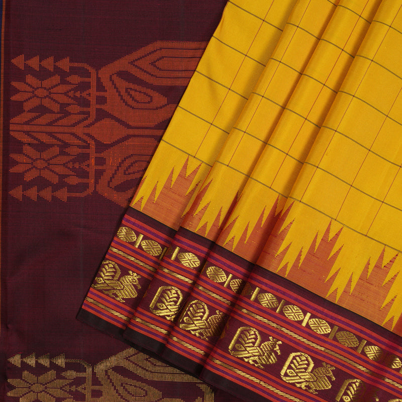 Hayagrivas Handloom Yellow Kanjivaram Silk Saree with Deep Wine border KBE1823L11-1