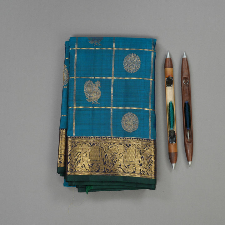 Hayagrivas Handloom Peacock Blue Kanjivaram Silk Saree with Navy Blue border KBE1830L5-1