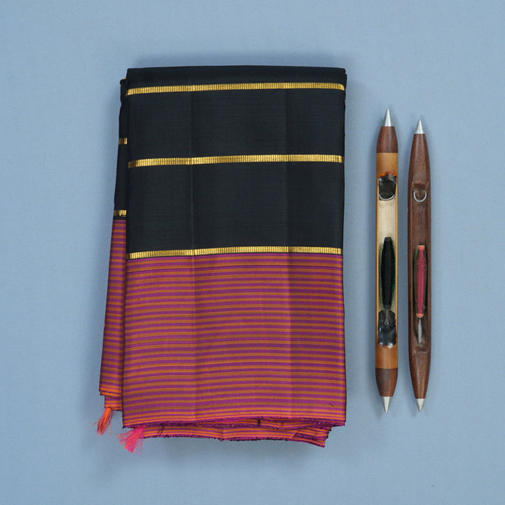 Hayagrivas Handloom Black Kanjivaram Silk Saree with Pink & Orange stripes Border KBE1831L28-1