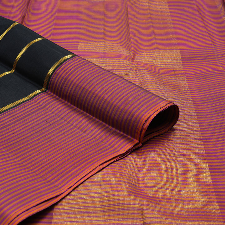 Hayagrivas Handloom Black Kanjivaram Silk Saree with Pink & Orange stripes Border KBE1831L28-1