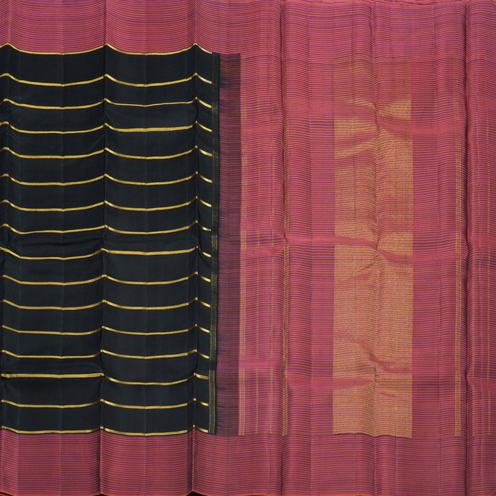 Hayagrivas Handloom Black Kanjivaram Silk Saree with Pink & Orange stripes Border KBE1831L28-1