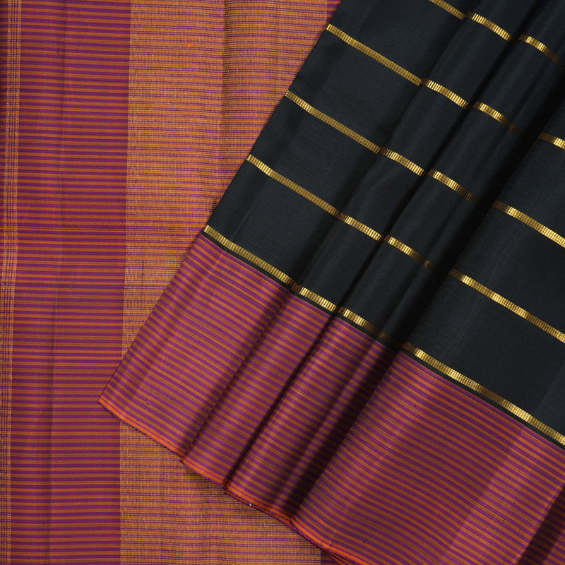 Hayagrivas Handloom Black Kanjivaram Silk Saree with Pink & Orange stripes Border KBE1831L28-1