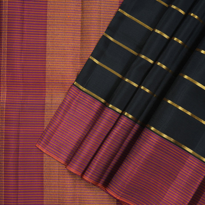 Hayagrivas Handloom Black Kanjivaram Silk Saree with Pink & Orange stripes Border KBE1831L28-1