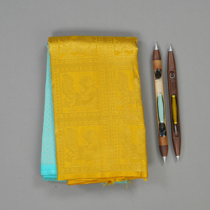 Hayagrivas Handloom Sky Blue Kanjivaram Silk Saree with Sampanga Yellow Border KBE1831L34-1