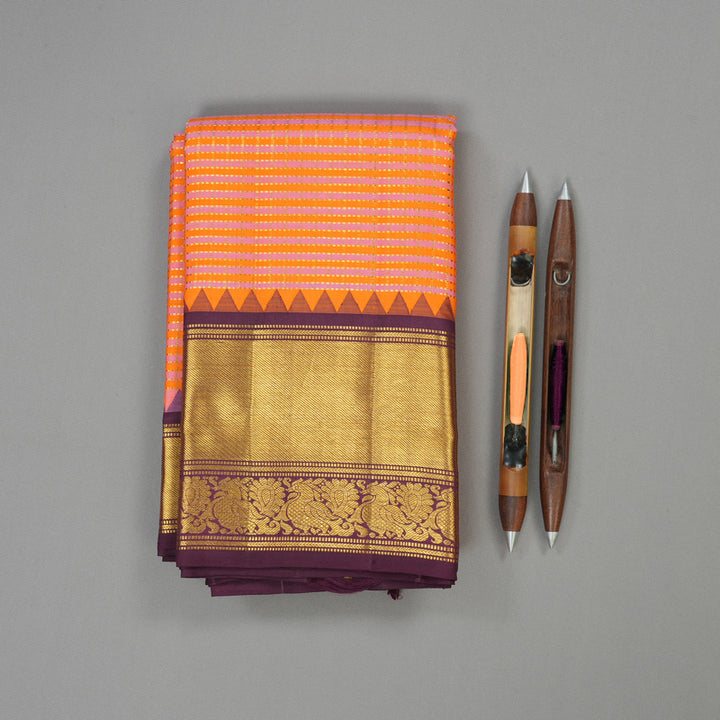 Hayagrivas Handloom Orange & Pink checks Kanjivaram Silk Saree with Burgundy KBE1631L38-1