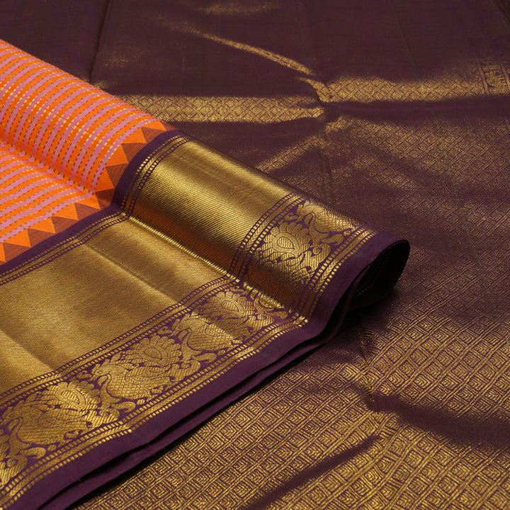 Hayagrivas Handloom Orange & Pink checks Kanjivaram Silk Saree with Burgundy KBE1631L38-1