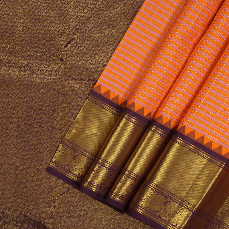 Hayagrivas Handloom Orange & Pink checks Kanjivaram Silk Saree with Burgundy KBE1631L38-1