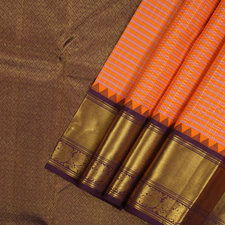 Hayagrivas Handloom Orange & Pink checks Kanjivaram Silk Saree with Burgundy KBE1631L38-1