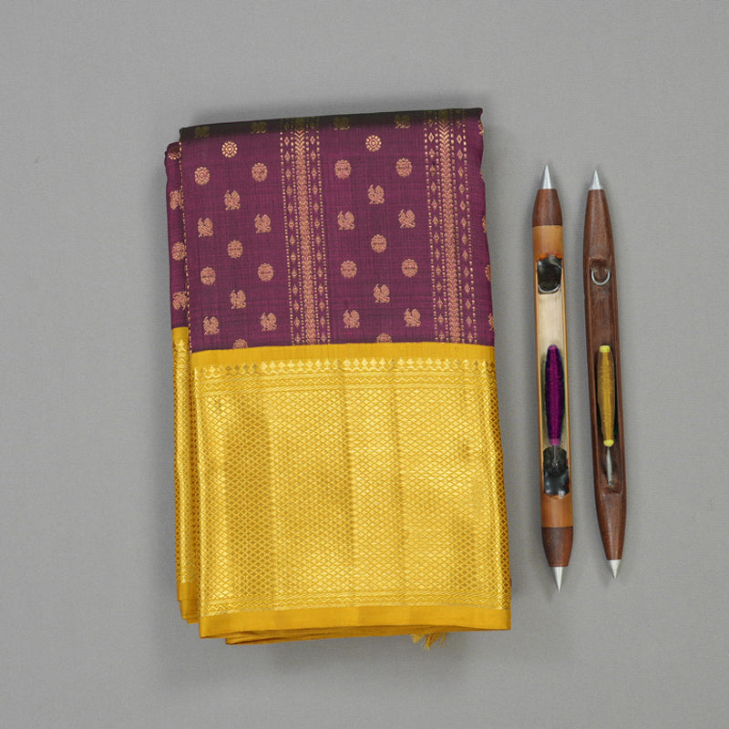 Hayagrivas Handloom Purple Kanjivaram Silk Saree with Sampanga Yellow Border KBE1831L40-1