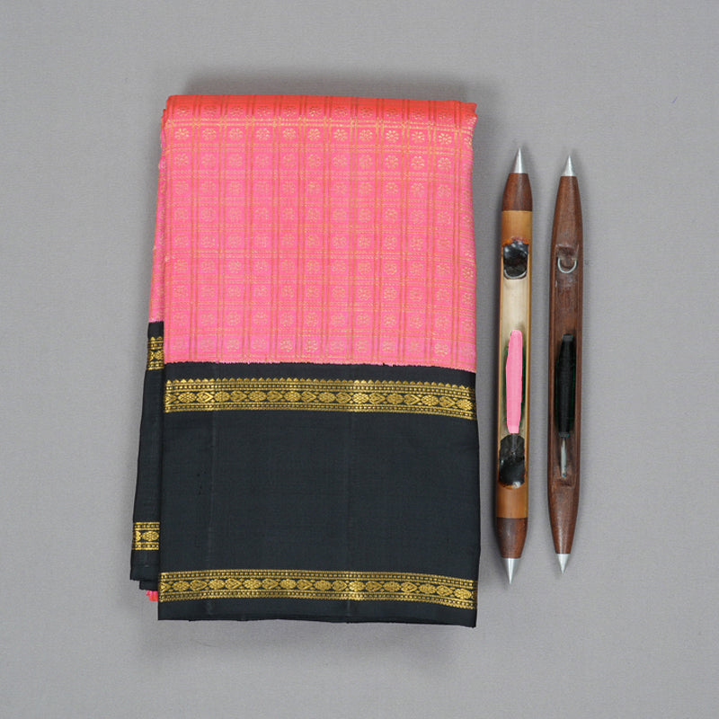 Hayagrivas Handloom Bright Pink Kanjivaram Silk Saree with Black Border KBE1831L43-1