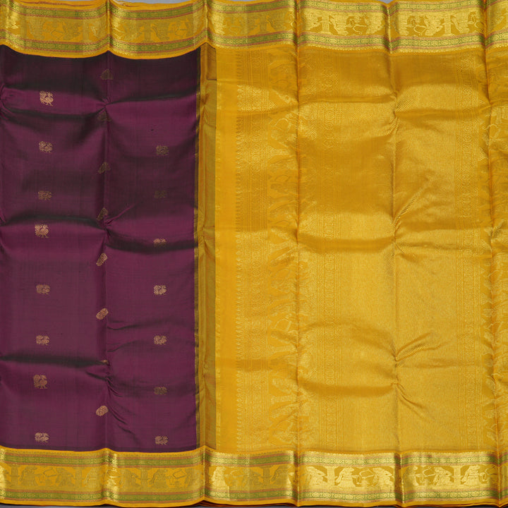 Hayagrivas Handloom Wine Purple Kanjivaram Silk Saree with Mustard Yellow Border KBE1834L2-3
